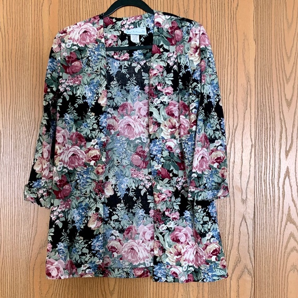 VINTAGE MERYL FASHIONS LTD FLORAL OPEN FRONT CUFFED 3/4 SLEEVE BLAZER JACKET 8 - Picture 1 of 5